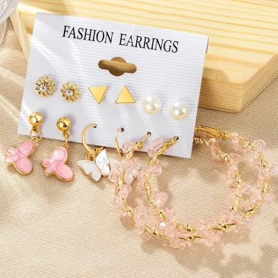Fashionable Retro Pink Butterfly Earrings Set (6 Pairs)